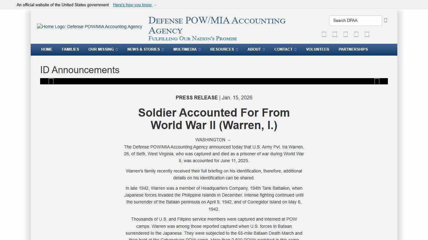 Soldier Accounted For From World War II (Warren, I.) > Defense POW/MIA Accounting Agency > ID Announcements